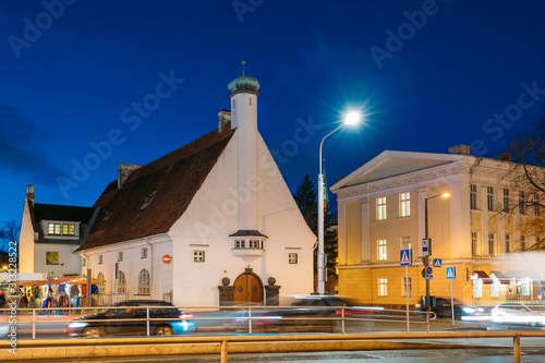 Tallinn, Estonia. View Of Seventh-day Adventist Church At Sea Boulevard In Evening Night Illuminations photo