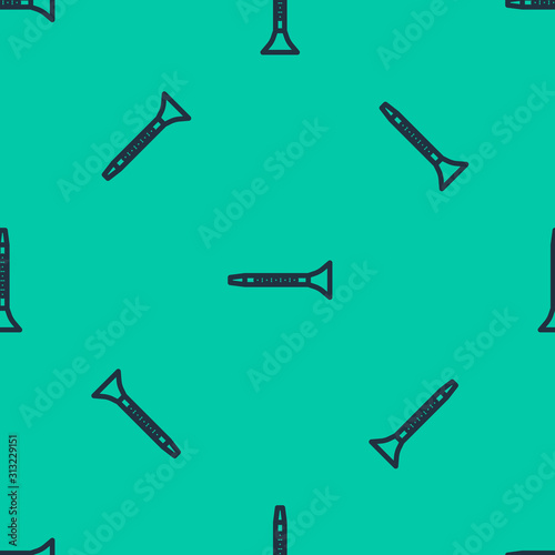 Blue line Clarinet icon isolated seamless pattern on green background. Musical instrument. Vector Illustration