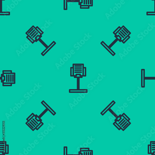 Blue line Music stand icon isolated seamless pattern on green background. Musical equipment. Vector Illustration
