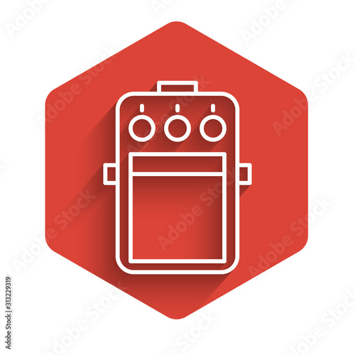 White line Guitar pedal icon isolated with long shadow. Musical equipment. Red hexagon button. Vector Illustration
