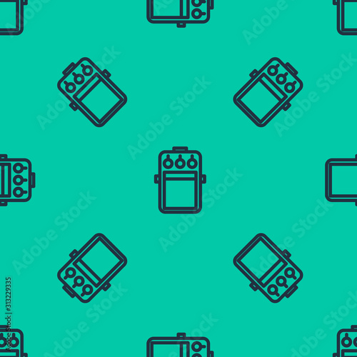 Blue line Guitar pedal icon isolated seamless pattern on green background. Musical equipment. Vector Illustration