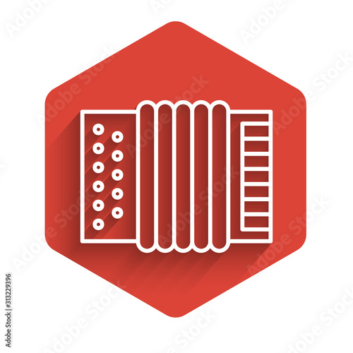 White line Musical instrument accordion icon isolated with long shadow. Classical bayan, harmonic. Red hexagon button. Vector Illustration