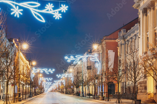 Vilnius, Lithuania. Gediminas Avenue Or Gedimino Street In Evening Christmas Xmas New Year Illuminations