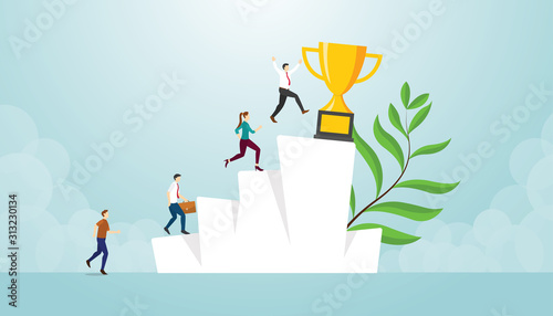 success race business competition with big gold trophy on hill stairs with modern flat style - vector