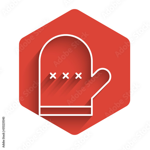 White line Oven glove icon isolated with long shadow. Kitchen potholder sign. Cooking glove. Red hexagon button. Vector Illustration