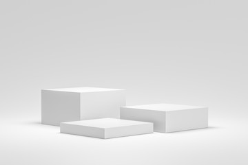 Empty podium or pedestal display on white background with box stand concept. Blank product shelf standing backdrop. 3D rendering.