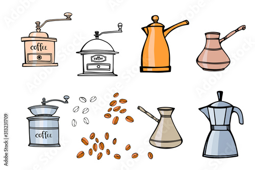 Set for a delicious coffee. Traditional coffee mills, pots, cups and coffee beanes. Colorful  vector illustration. Vintage collection
