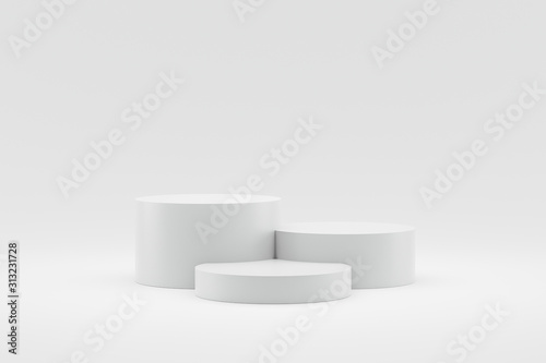 Empty podium or pedestal display on white background with cylinder stand concept. Blank product shelf standing backdrop. 3D rendering.