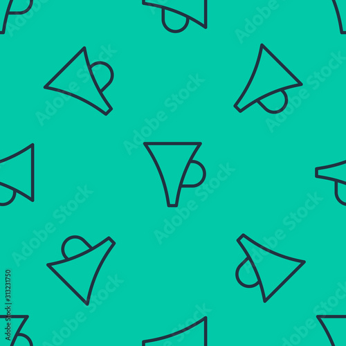 Blue line Funnel or filter icon isolated seamless pattern on green background. Vector Illustration