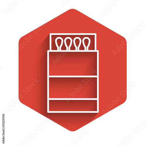 White line Open matchbox and matches icon isolated with long shadow. Red hexagon button. Vector Illustration