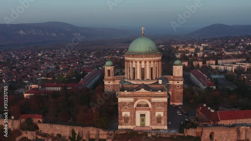 Aerial view - flying over Esztergomi Bazilika in Esztergom, Hungary, Europe - Dawn photo