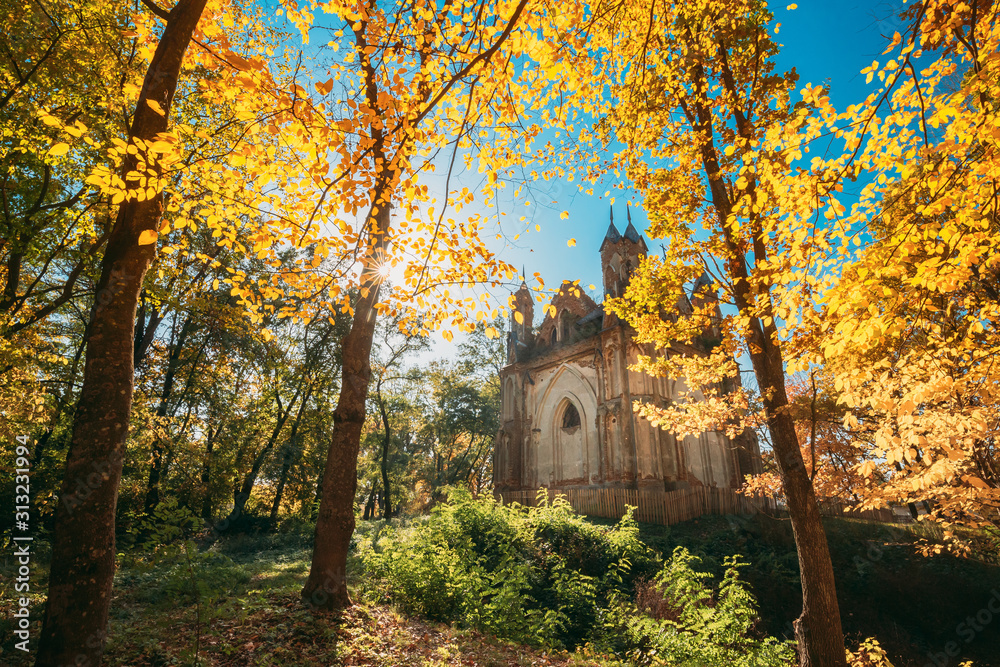 Zakoziel or Zakoziele, Drahichyn District, Belarus. Old Neo-Gothic chapel-tomb of the clan Orzeszko In Autumn Sunny Day