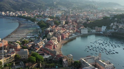 Breathtaking 4K aerial view of Sestri Levante town with incredible turquoise sea
