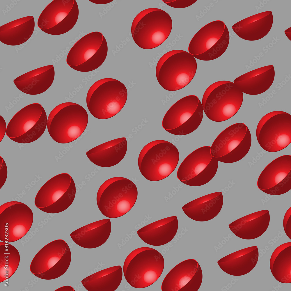 Red Hemispheres Seamless Pattern, 3D Illustration on Gray Background