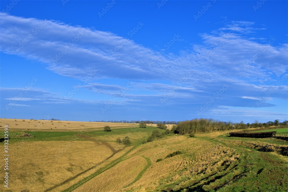 Blue sky over Huggate farmland, inn the Yorkshire wolds, East Riding.