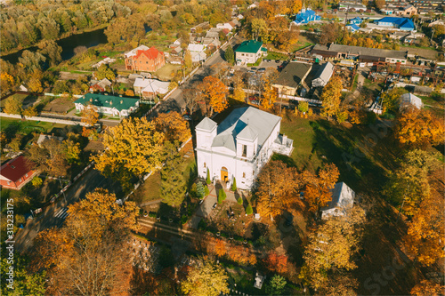 Kobryn, Brest Region, Belarus. Cityscape Skyline In Autumn Sunny Day. Bird's-eye View Of Church of the Dormition. Famous Historic Landmark © Grigory Bruev