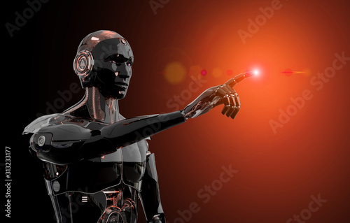Black and red intelligent robot cyborg pointing finger on dark 3D rendering