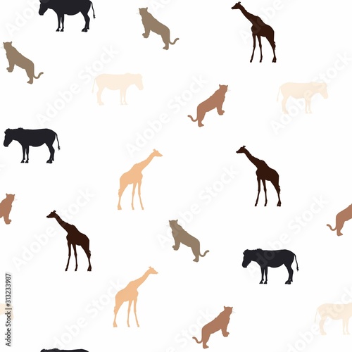 Giraffe, leopard and zebra on the white background. Seamless pattern with safari animals silhouette. Vintage colors illustration.
