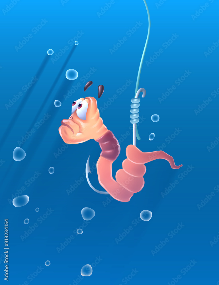 Cartoon worm on a fish hook under water with air bubbles over blue