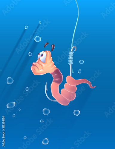 Cartoon worm on a fish hook under water with air bubbles over blue background, fishing live bait with worm as lure in river, sea. Vector illustration.