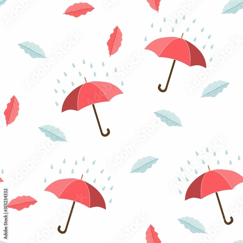 Autumn pattern with autumn colors. Red  gray and blue colors. Seamless pattern  background. Illustration with colorful umbrellas and leaves.