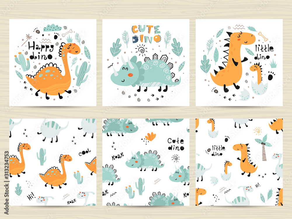Set of posters and seamless patterns with cute dinosaurs and letterings.