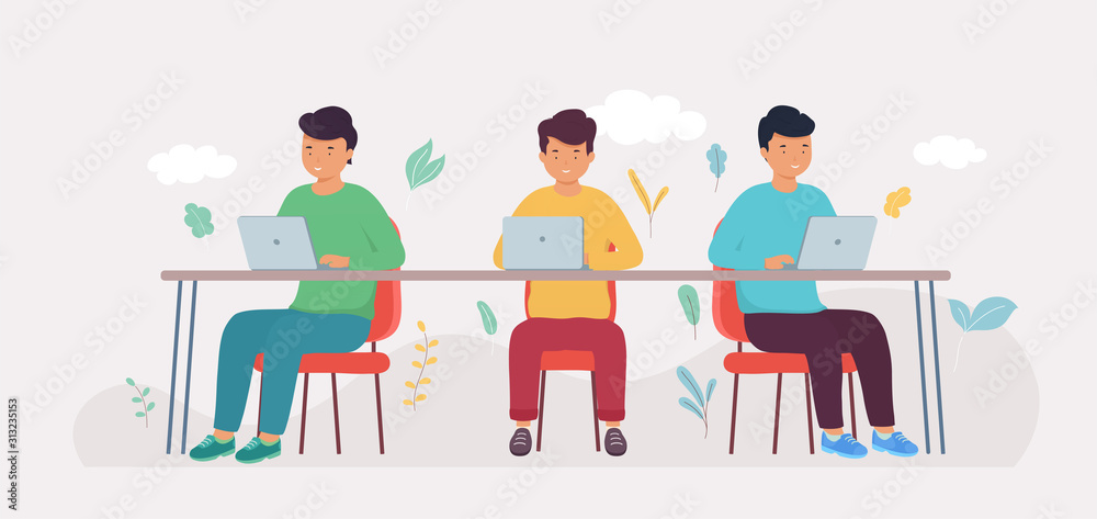 Coworking studio with people sitting at the table. Creative team of people work together at large table on laptop in open office. Coworking studio with people sitting at the table. Creative team of people work together at large table on laptop in open office.