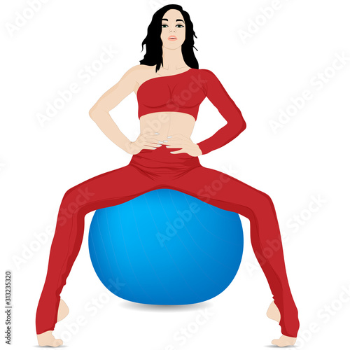 Girl in sportswear sits on a fitness ball. Vector art