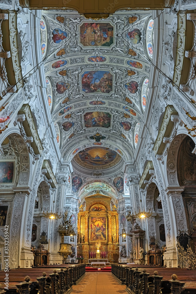 Vertical panorama of interior of Dominican Church in Vienna, Austria. Also known as the Church of St. Maria Rotunda, it was built in 1631-1634 in early Baroque style.