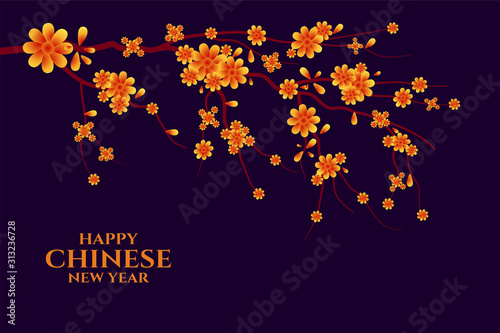 happy chinese new year greeting with sakura tree