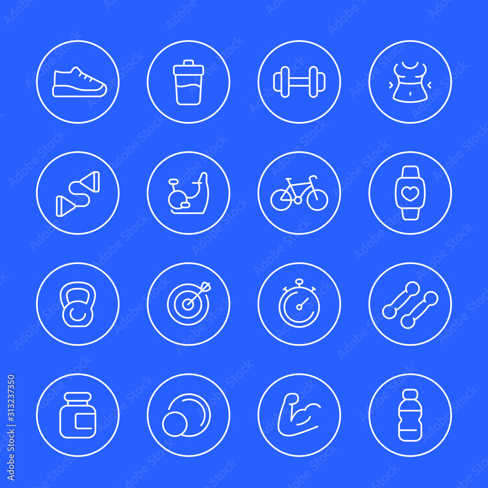 Fototapeta premium Fitness and gym thin line icons