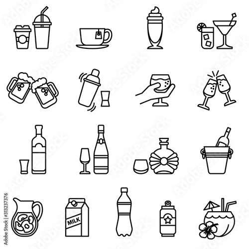 drink and beverage icons set with white background. thin line style stock vector.