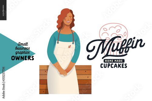 Muffins, home made cupcakes -small business owners graphics -owner. Modern flat vector concept illustrations - young woman wearing white apron, standing at the wooden counter. Shop logo