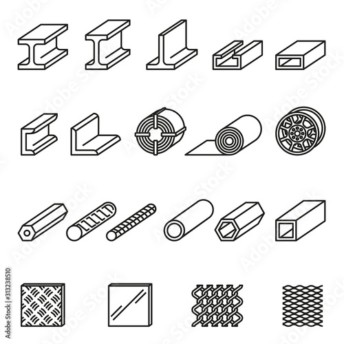 Metallurgy products vector line icons set with white background. Steel structure and pipe.