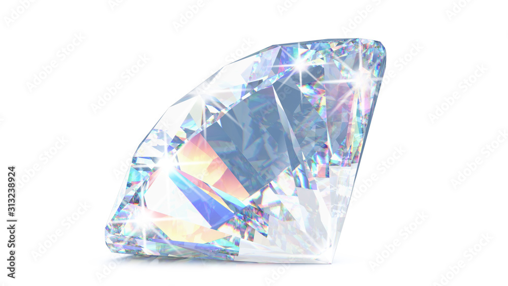 Cut diamond with shadow and glowing lens flares. 3D rendering illustration of sparkling light round brilliant diamond isolated on white background Cut diamond with shadow and glowing lens flares. 3D rendering illustration of sparkling light round brilliant diamond isolated on white background