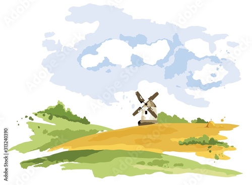 Abstract rural landscape with windmill. Watercolor illustration, wheat fields and meadows