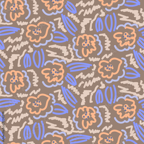 Vector floral pattern in simple scribble style with flowers and scratches. Flower repeat background.
