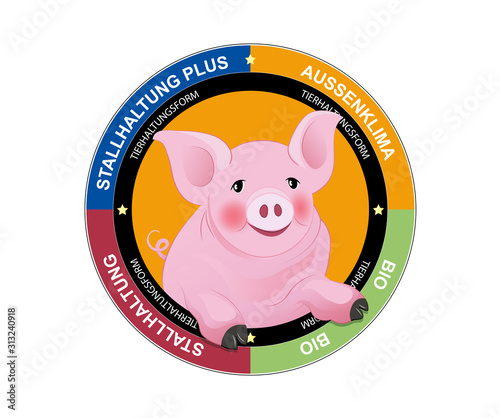 Schweine Tierhaltungsform Label  Aussenklima,  Vektor Illustration freigestellt auf weißem Hintergrund