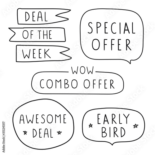 Deal of the week, special offer, combo offer, awesome deal, early bird.  Set of hand drawn badges. Vector lettering illustration on white background.