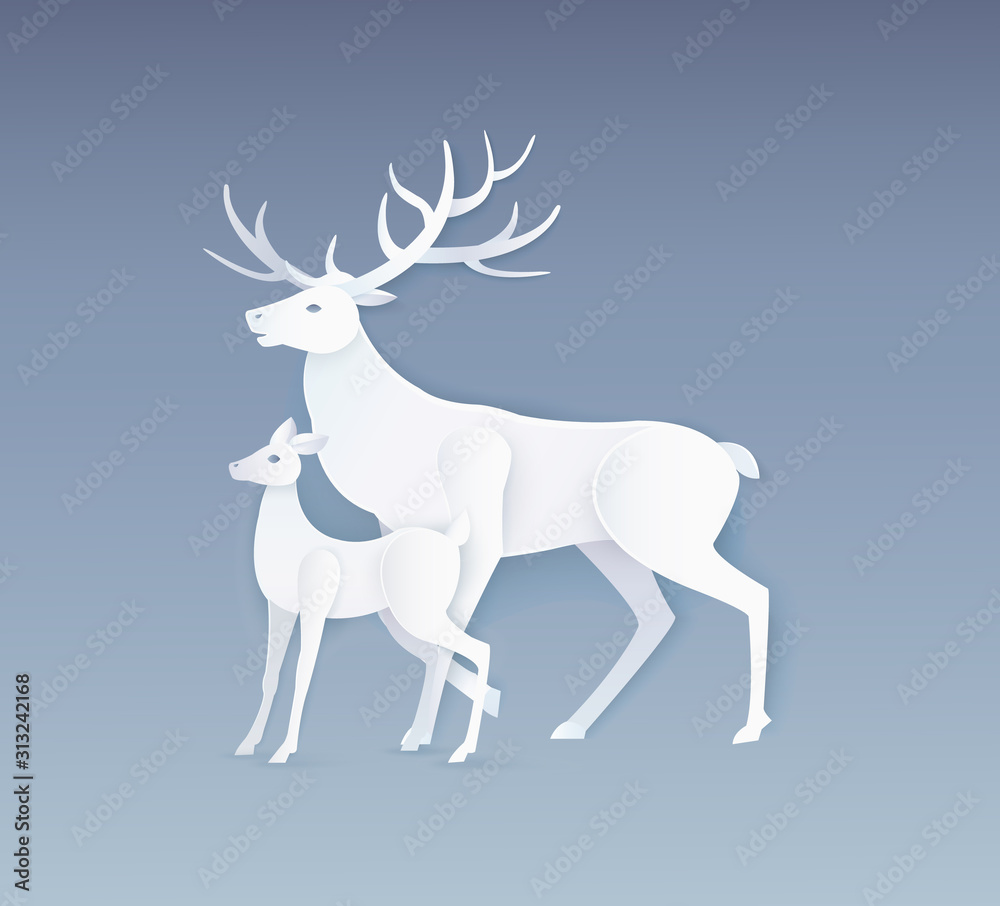 Deer and fawn with full side view. Card in flat style with white animals isolated on grey vector. Simple design of beasts, paper art and craft style