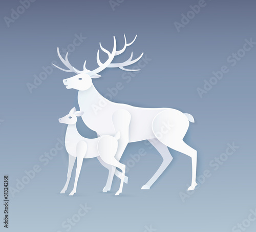 Deer and fawn with full side view. Card in flat style with white animals isolated on grey vector. Simple design of beasts, paper art and craft style