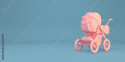 Minimal baby stroller illustration on blue background 3d render