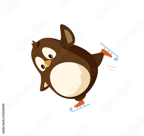 Penguin on skates isolated vector animal. Flightless bird skating, holiday entertainment. Vector Arctic animal and winter Christmas activity, cartoon character