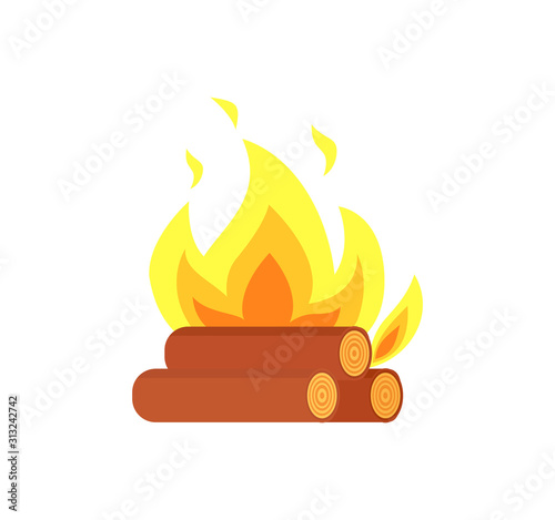 Burning billets isolated vector icon. Flame tongues and logs in yellow fire, hot campfire or bonfire, realistic flammable sparks, firewood and blazing tree