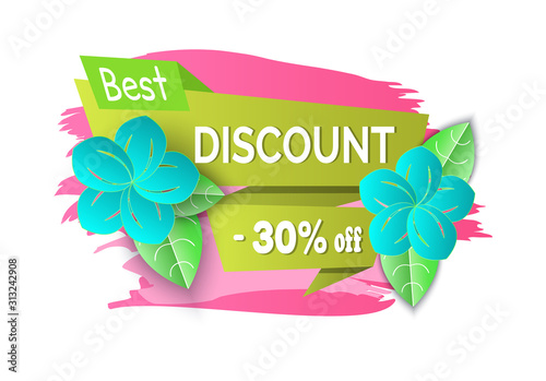 Best spring discount 30 percent off price banner vector. Special offer proposition seasonal sale, floral decoration summer flowers and ribbons with text