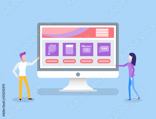 Online education computer with home assignments vector. Knowledge obtaining, man and woman student looking at screen with information and study files