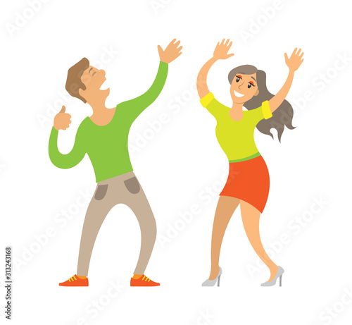 Partying couple, man and woman dancing on disco vector. Isolated clubbing pair, male and female enjoying party, dancing boyfriend and girlfriend in club
