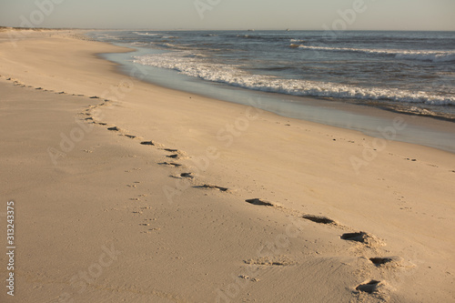 Footprints on beautiful beach at sunset