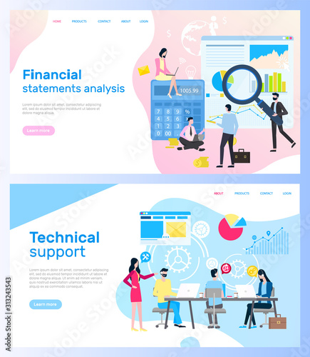 Workers with laptops, man with loupe and gadgets, woman holding computer. Modern page of financial statements analysis and technical support vector. Website template, landing page in flat style