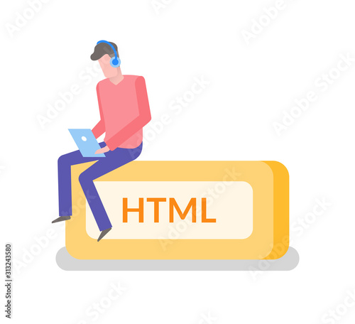HTML language freelancer man working on laptop coder coding vector. Isolated male wearing headphones and typing info on laptop. Programmer sitting on box
